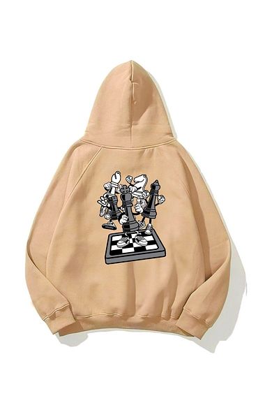 The Champ Clothing Think Printed Beige Unisex Hooded Oversize φούτερ με κουκούλα