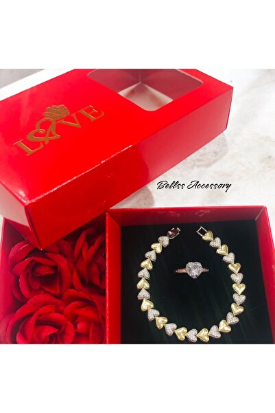 bellss accessory Özel Kutulu Hediyelik Kalp Bileklik Yüzük Set