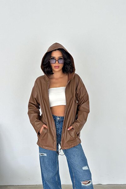 Deafox Καφέ φερμουάρ και κουκούλα με λεπτομέρεια από συνθετικό δέρμα