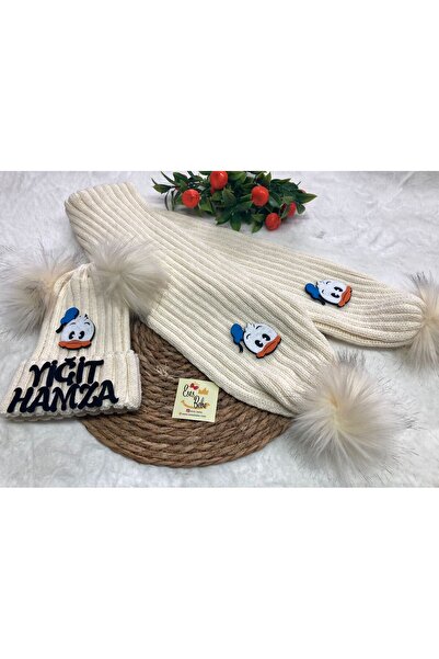 ESES BEBE Kişiye Özel İsimli Ördek Figürlü Erkek Bebek/Çocuk Atkı Bere Takımı