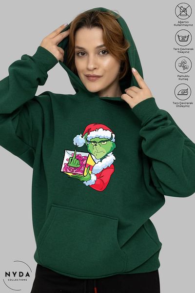 Nyda Collections Grinch Χριστουγεννιάτικη Πρωτοχρονιά με στάμπα Unisex με κουκούλα Oversize βαμβακερή κουκούλα