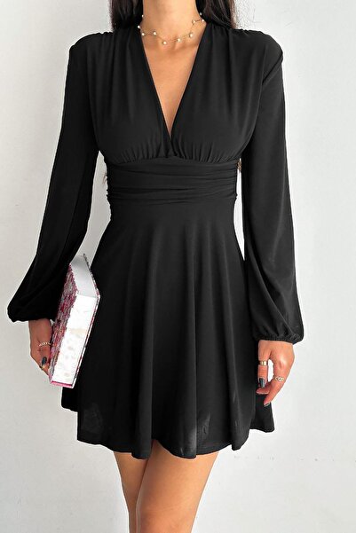Deafox Černé Sandy šaty s dlouhým rukávem a výstřihem do V