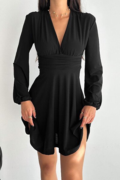 Deafox Černé Sandy šaty s dlouhým rukávem a výstřihem do V