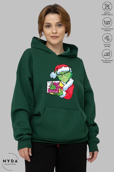 Nyda Collections Grinch Χριστουγεννιάτικη Πρωτοχρονιά με στάμπα Unisex με κουκούλα Oversize βαμβακερή κουκούλα