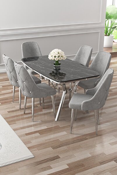 Canisa Asel Serisi 90x160 Lak Panel Siyah Mermer Desen Krom Detay Masa Takımı...