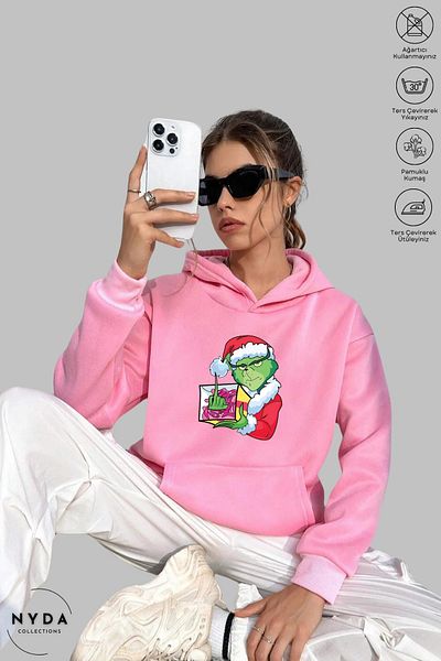 Nyda Collections Grinch Χριστουγεννιάτικη Πρωτοχρονιά με στάμπα Unisex με κουκούλα Oversize βαμβακερή κουκούλα