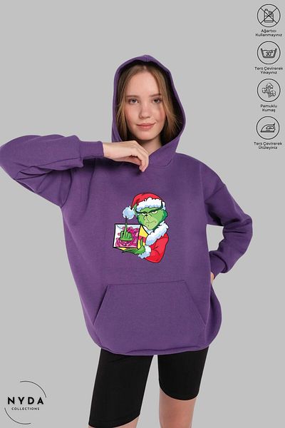Nyda Collections Голяма памучна суичърка с качулка и качулка с щампа за Коледа и Нова година на Grinch
