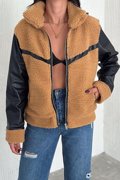 Deafox Beigefarbene Lammjacke aus Leder mit Taschen