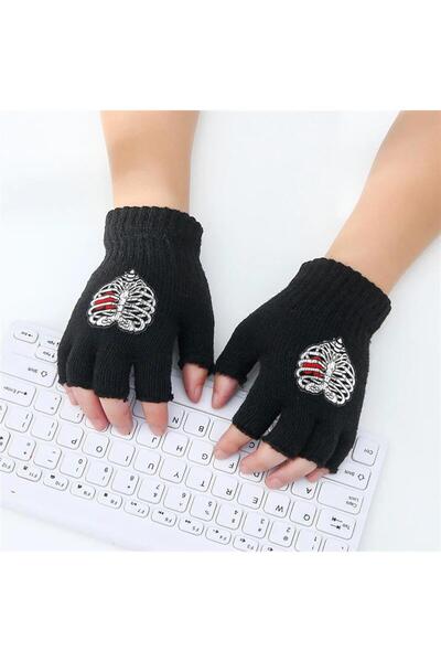 Aesthia Mingalondon Heart Rib Printed Unisex Black Cut-Out Double Gloves