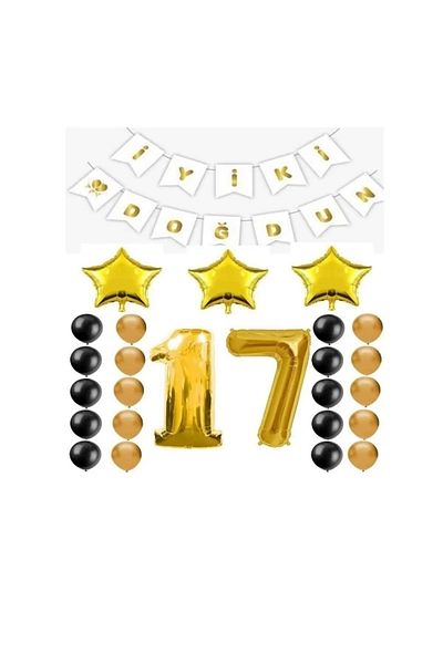 Papatya Süs Evi 17 Years Old Happy Birthday Written Gold Color Birthday Party Set