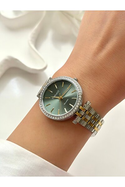 Ferrucci FERRUCCİ-(GOLD&GÜMÜŞ) yeşil iç kadran taşlı kadın kol saati