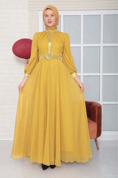 lodmela Belt Detailed Bead Embroidered Hijab Evening Dress 844-Oil Green