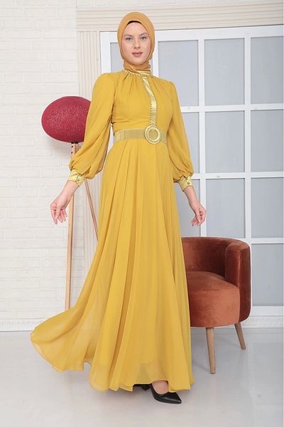 lodmela Belt Detailed Bead Embroidered Hijab Evening Dress 844-Oil Green