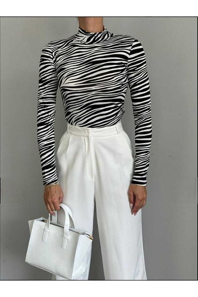 SAFİR Turtleneck Zebra Print Bodysuit