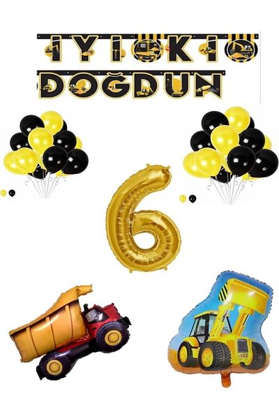 Papatya Süs Evi Age 6 Construction Themed Birthday Banner Truck Bucket Shaped Balloon Set Gold