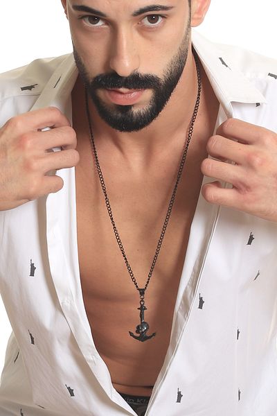 LABALABA Men's Black Oxide Plated Skull & Anchor Symbol Pendant Necklace