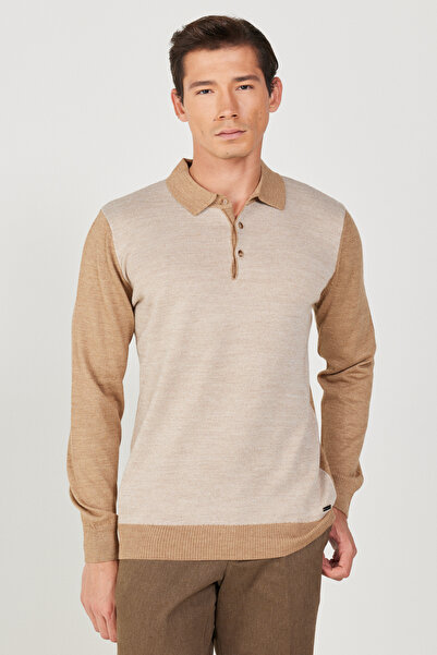 ALTINYILDIZ CLASSICS Pánský žakárový úpletový svetr Camel-Ecru Vlna Standard Fit Regular Cut Polo Neck
