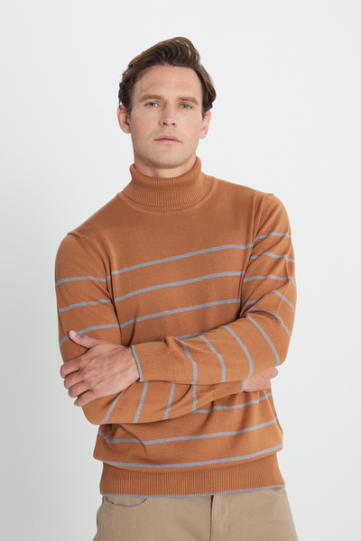 ALTINYILDIZ CLASSICS Erkek Tarçın-Gri Standart Fit Normal Kesim Tam Balıkçı Yaka Çizgi Detaylı Triko