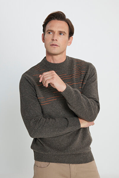AC&Co / Altınyıldız Classics Erkek Sutlu Kahve-turuncu Yünlü Standart Fit Normal Kesim Yarım Balıkçı Yaka Triko Kazak