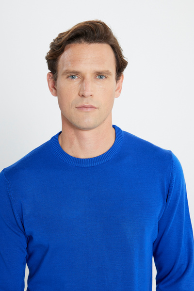 ALTINYILDIZ CLASSICS Erkek Saks Mavi Tüylenme Yapmayan Anti-pilling Standart Fit Normal Kesim Bisiklet Yaka Triko Kazak