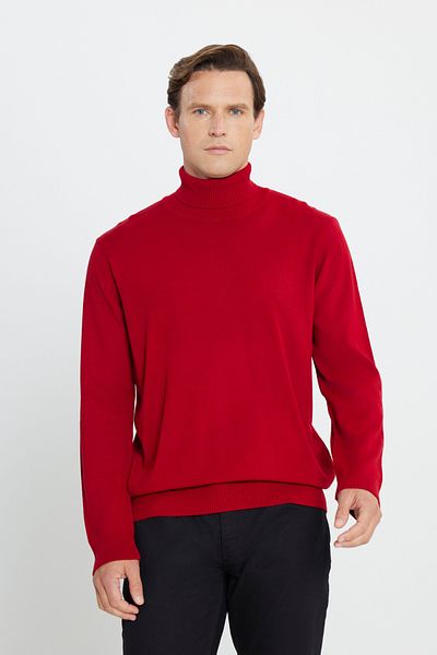 ALTINYILDIZ CLASSICS Men's Red Standard Fit Regular Cut Non-pilling Full Turtleneck Knitwear Sweater