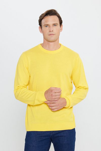 AC&Co / Altınyıldız Classics Erkek Sarı Tüylenme Yapmayan Anti-pilling Standart Fit Normal Kesim Bisiklet Yaka Triko Kazak