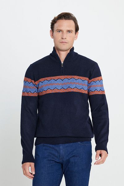 AC&Co / Altınyıldız Classics Men's Navy Blue-Orange Standard Fit Normal Cut Stand Collar Woolen Rosette Soft Textured Knitwear Sweater