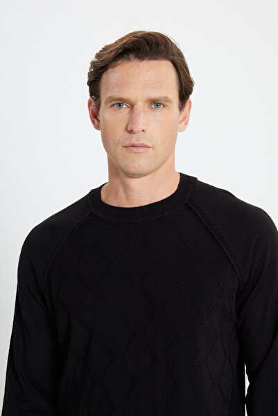 ALTINYILDIZ CLASSICS Erkek Siyah Standart Fit Normal Kesim Bisiklet Yaka Jakarlı Triko Kazak