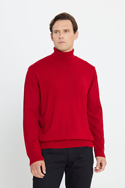 ALTINYILDIZ CLASSICS Men's Red Standard Fit Regular Cut Non-pilling Full Turtleneck Knitwear Sweater