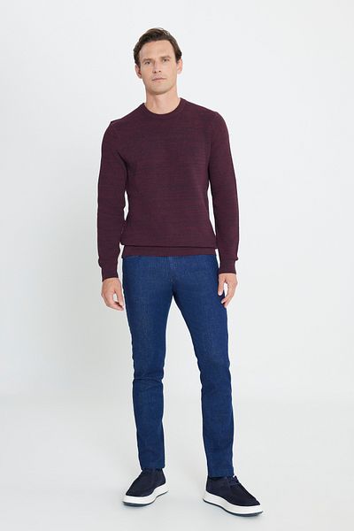 AC&Co / Altınyıldız Classics Gemusterter Strickpullover für Herren in Burgunderrot und Marineblau mit normaler Passform und normalem Schnitt und Rundhalsausschnitt