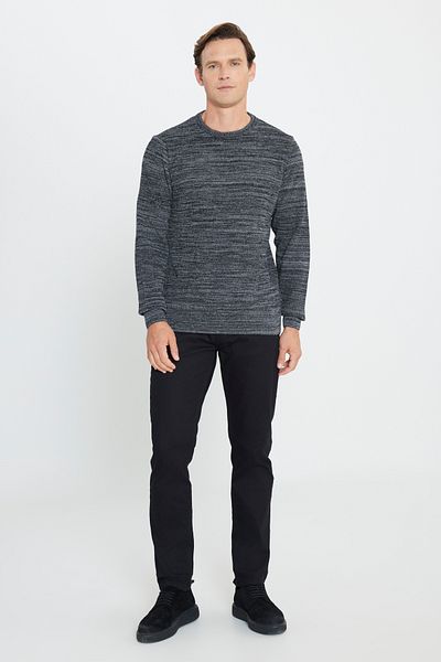 AC&Co / Altınyıldız Classics Schwarz-grau gemusterter Strickpullover mit Rundhalsausschnitt für Herren - Standard Passform