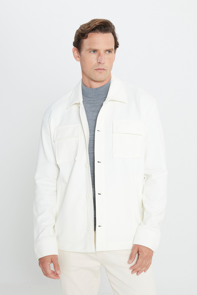AC&Co / Altınyıldız Classics Erkek Ekru Oversize Fit Bol Kesim Klasik Yaka Pamuklu Desenli Gömlek Ceket