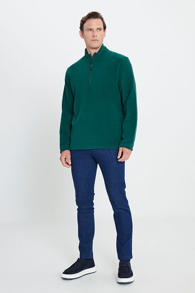 AC&Co / Altınyıldız Classics Ανδρική πράσινη μπλούζα Fleece με κρύο αδιάβροχο φούτερ με όρθιο κολάρο, χωρίς πυξίδα, με κανονική εφαρμογή