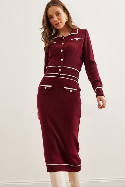 Olalook Women's Burgundy Color Detailed Bottom Top Knitwear Settkm- 19000319