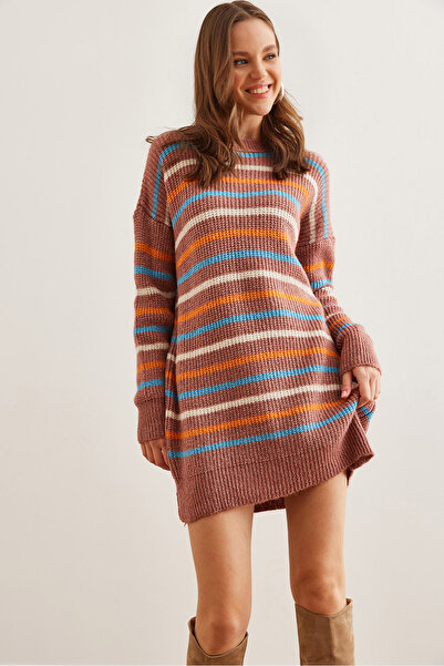 Olalook Kadın Gül Kurusu Renkli Şeritli Yumuşak Dokulu Triko Tunik ElbiseELB-19002285