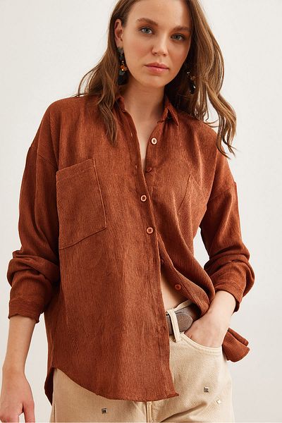 Olalook Women's Tan Comfortable Fit Slim Corduroy Shirtgml- 19001262