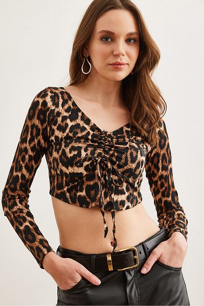 Olalook Μπεζ καφέ Leopard Crop Μπλούζα - Μπροστά μαζεμένη BLZ- 19002785