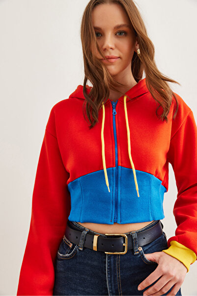 Olalook Kadın Turuncu Mavi Renk Detaylı Şardonlu Fermuarlı Crop SweatshirtSWT-19000707