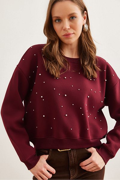 Olalook Hanorac crop gros cu perle bordeaux - SWT pentru femei- 19000663