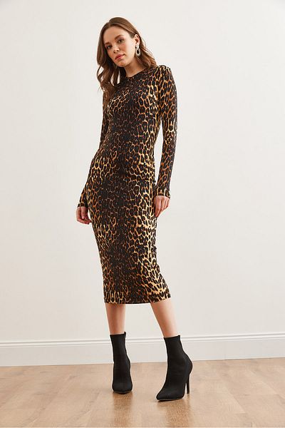 Olalook Γυναικείο μπεζ καφέ Crew Neck Maxi Leopard ΦόρεμαELB- 19002308