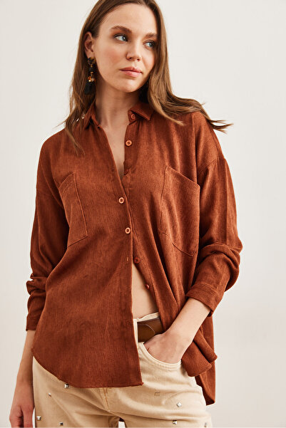 Olalook Women's Tan Comfortable Fit Slim Corduroy Shirtgml- 19001262