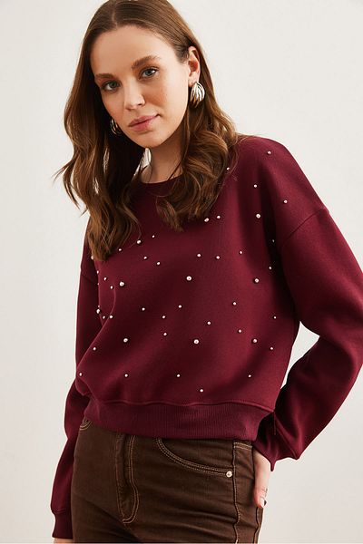Olalook Hanorac crop gros cu perle bordeaux - SWT pentru femei- 19000663