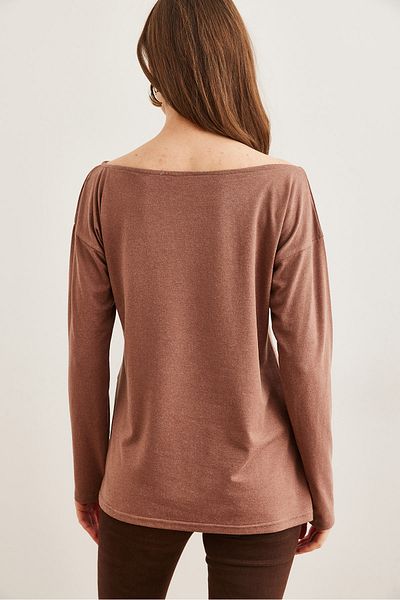 Olalook Women's Camel Boat Neck Wool Viscose Flowy Blouseblz- 19002738