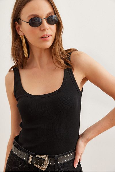 Olalook Women's Black Front Back U Bottom Snap Bodysuitbdy- 00000053