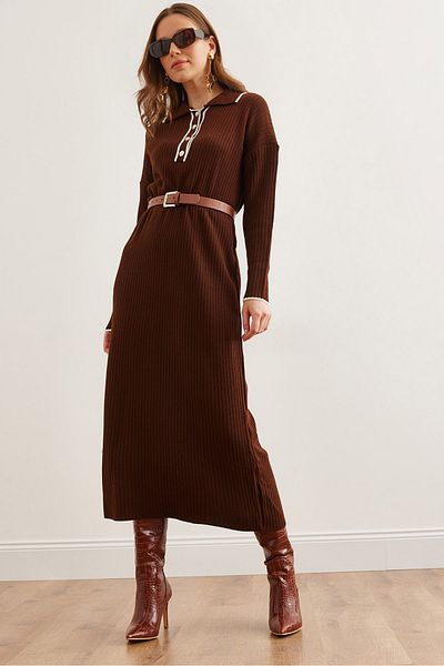 Olalook Γυναικείο Bitter Brown Polo λαιμόκοψη ριγέ Λεπτομερές Maxi Πλεκτό ΦόρεμαELB- 19002309