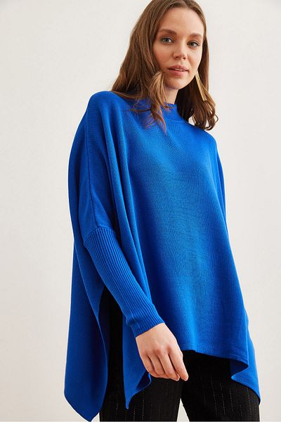 Olalook Women's Saks Blue Half Fisherman Poncho Knitwear Sweaterkzk- 19000894