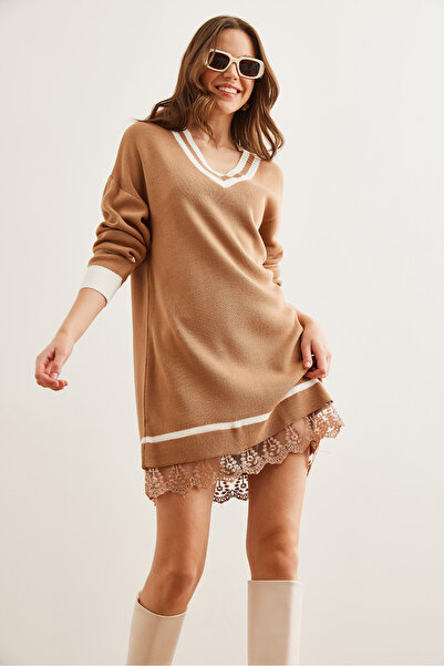 Olalook Dámská velbloudí krajka s výstřihem do V s podrobným úpletem Dresselb- 19002283