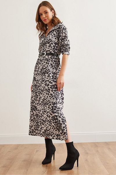 Olalook Women's Leopard Ecru Polo Neck Wrap Dresselb- 19002305