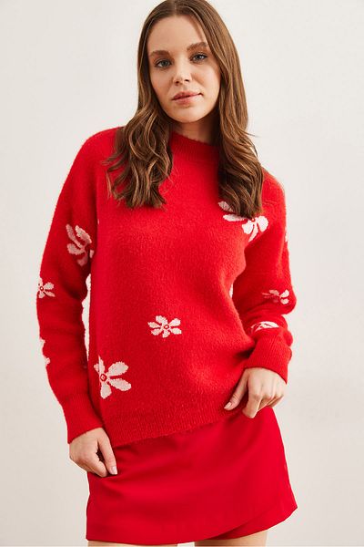 Olalook Damen-Strickpullover mit rotem Blumenmuster und weicher Textur KZK- 19000900