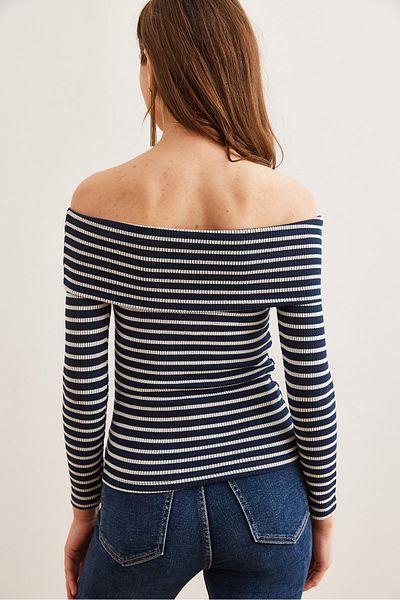 Olalook Γυναικεία μπλούζα με γιακά Madonna Navy Blue ριγέ - BLZ- 19002786